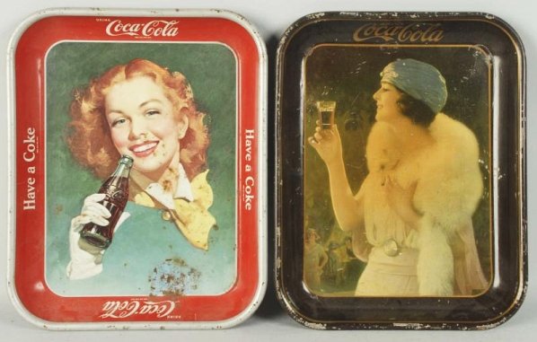 1925 & 1950 Coca-Cola Trays.: Shallow dents, scratches, and paint nicks. Rust on the later tray. Condition (Poor). Size Each: 13 - 1/4" L.