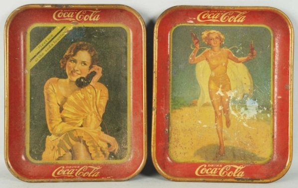 1930 & 1937 Coca-Cola Trays.: Soiling, wear, and paint chips. Condition (Poor). Size Each: 13 - 1/4" L.