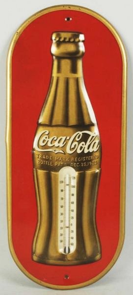1937 Coca-Cola Tin Thermometer.: A small hole on left side of bottle and a few small marks otherwise. Great color overall. Condition (Very Good Plus). Size 16" T.