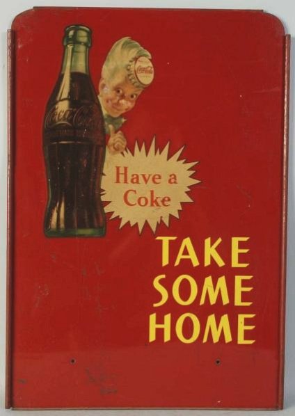 1940s-50s Coca-Cola Rack Sign.: Surface rust spots, light wear, and a few paint chips/nicks. Condition (Very Good). Size 23 - 1/2" x 16 - 1/4".