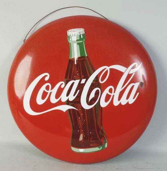 1950s Porcelain Coca-Cola Button Sign.: A few small chips with mild weathering and rain stains. Condition (Very Good). Size 24" Dia.