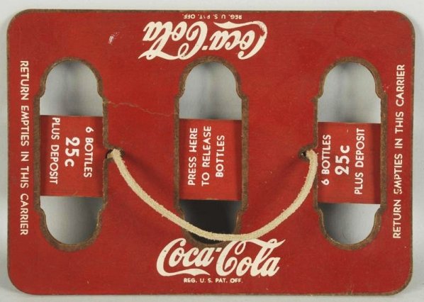 1940s Coca-Cola Masonite 6-Pack Carrier.: Handle has likely been replaced. Minor marks and one stress crack. Condition (Very Good - Excellent). Size 8" x 5 - 3/4".