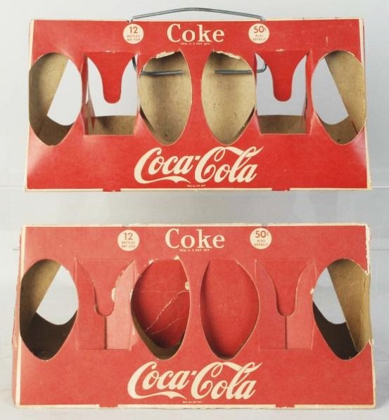 1940s-50s Coca-Cola 12-Pack Carriers.: Light to moderate wear, a few minor bends, and one carrier is missing a handle. Condition (Very Good - Excellent). Size Each: 14 - 1/2" L.