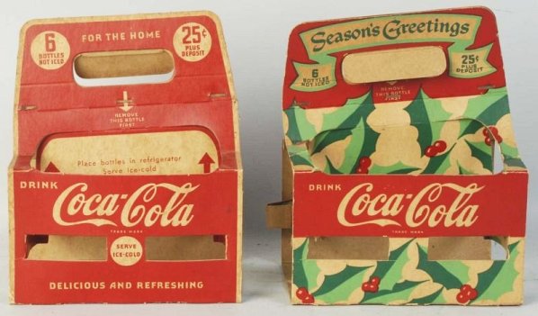 Lot of 2: 1930s Coca-Cola Carriers.: Some soiling, bends, light wear, and a small side tab tear on the Christmas carrier. Condition (Very Good). Size Each: 9" T.
