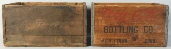 Lot of 2: Middletown, CT Coca-Cola Wooden Crates.: Some general expected wear and aging with very bright stencils remaining on one. Condition (Good - Very Good). Size Largest: 9 - 1/2" x 18 - 1