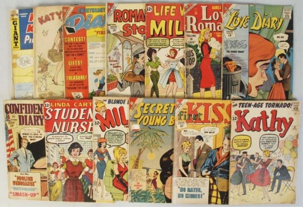 Lot of 13: Assorted Romance Comic Books.: Includes titles such as Romantic Story, Confidential Diary, Sweetheart Diary, First Kiss, Kathy and others. Condition (Good - Very Good).