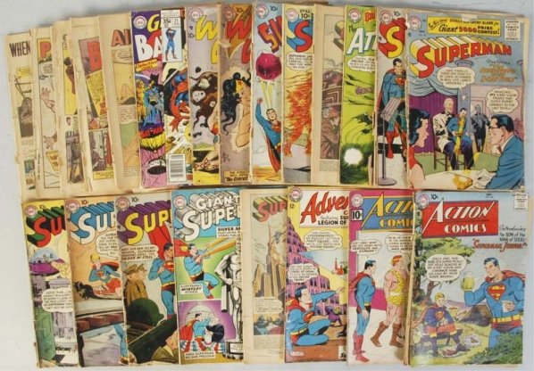 Lot of 21: Golden & Silver Age Superhero Comics.: Includes title such as Superman, Action comics, Adventure comics, Wonder Woman and others. Some have torn or missing covers. Condition (Poor -