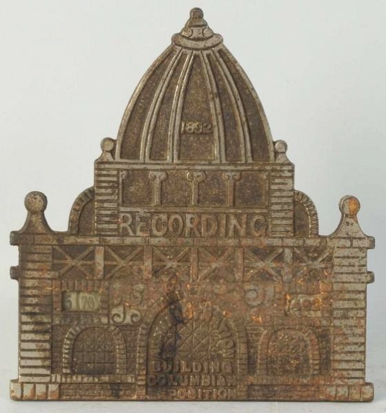 Cast Iron Columbian Exposition Recording Bank.: Working. Condition (Very Good). Size 6 - 1/2" T.