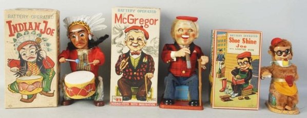 Lot of 3: Japanese. Battery-Operated Toys.: Includes Shoe Shine Joe, Indian Joe, and McGregor. All with very little wear. Toys have not been tested. All in original boxes with cardboard ins