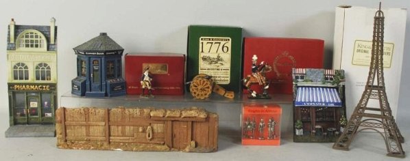 Miscellaneous Lot of Soldier Items.: Includes a Revolutionary War cannon, diorama buildings, a K&C figures, Britain figures, Tradition figures and others. Some are boxed. Conditio