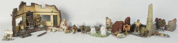 King & Country Diorama Items & Bastogne Soldiers.: Includes nine Bastogne soldiers, two King & Country diorama pieces, along with other battlefield accessories. Condition (Very Good - Excellent