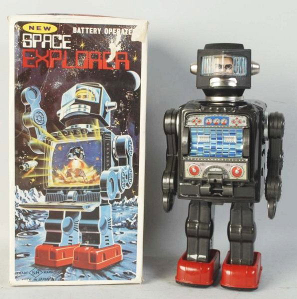 Japanese Battery-Op Space Explorer Astronaut Toy.: Toy is tin and plastic. When in operation, chest opens to reveal a TV screen inside. Toy has not been tested. Includes original box with some cre