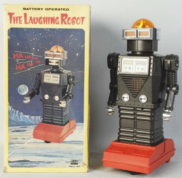 Japanese Battery-Operated Laughing Robot.: Robot is plastic. Toy has not been tested. Includes original box with some creasing and wear. Condition (Excellent). Size Box: 14" T.