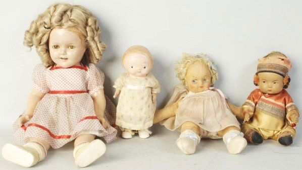 Lot of 4: Vintage Dolls.: Signed Ideal composition “Shirley Temple” (crazing, soil) redressed and re-wigged; small compo Grace Drayton “Peek-a-Boo” Campbell Soup Kid; comp