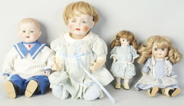 Lot of 4: Reproduction Dolls.: A.M. Baby with molded hair and cloth body; JDK Hilda baby on composition body; two JDK 221 googlies, one by Nancy Rasetta. All dressed and wigged