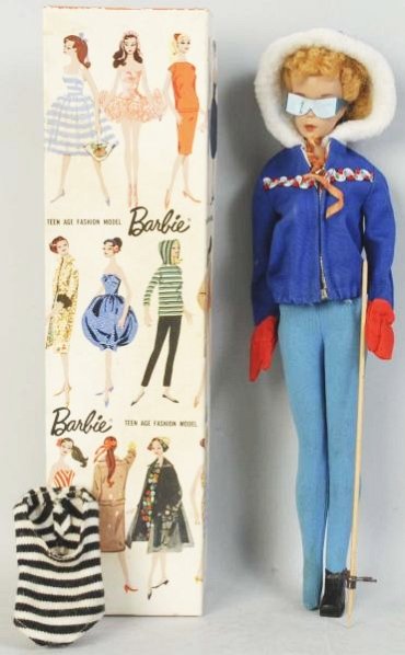1961 Barbie with Original Box.: This #5 Blonde Barbie has clean ears and her ponytail is original. She is wearing a partially complete Ski Queen outfit. Original swimsuit and ea