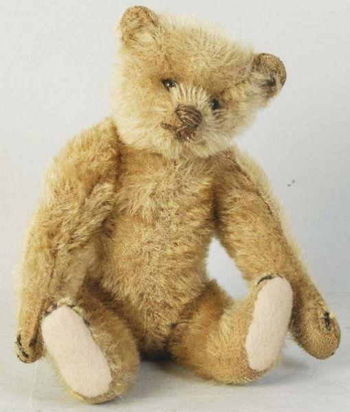 Early 1908 Steiff Teddy Bear.: No pads on hands and a little bit of mohair missing from hands. Printed button in ear and shoe button eyes. Pads on feet have been replaced but t