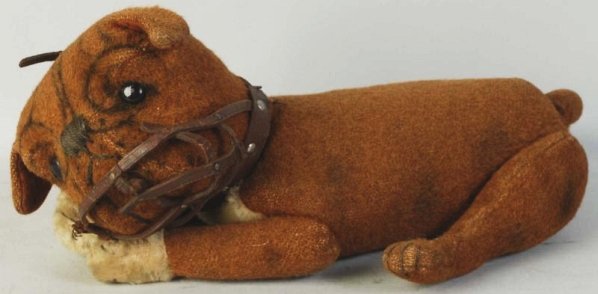 1915 Steiff Tige Bulldog.: Wool plush mohair. Rare leather muzzle as-is. Fully jointed. No ID. Condition (Very Good).