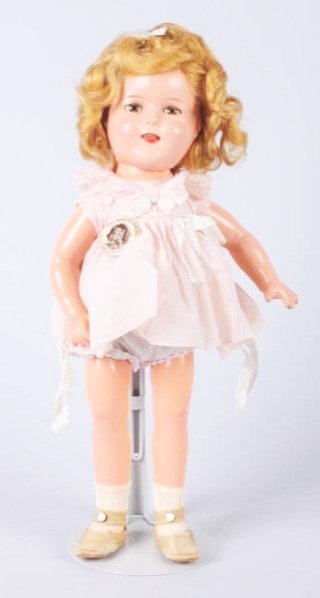 Ideal Composition "Shirley Temple".: Lashed hazel sleeping eyes, original blonde mohair wig (sparse in back), original dress with attached slip, original pin, replaced panties shoes