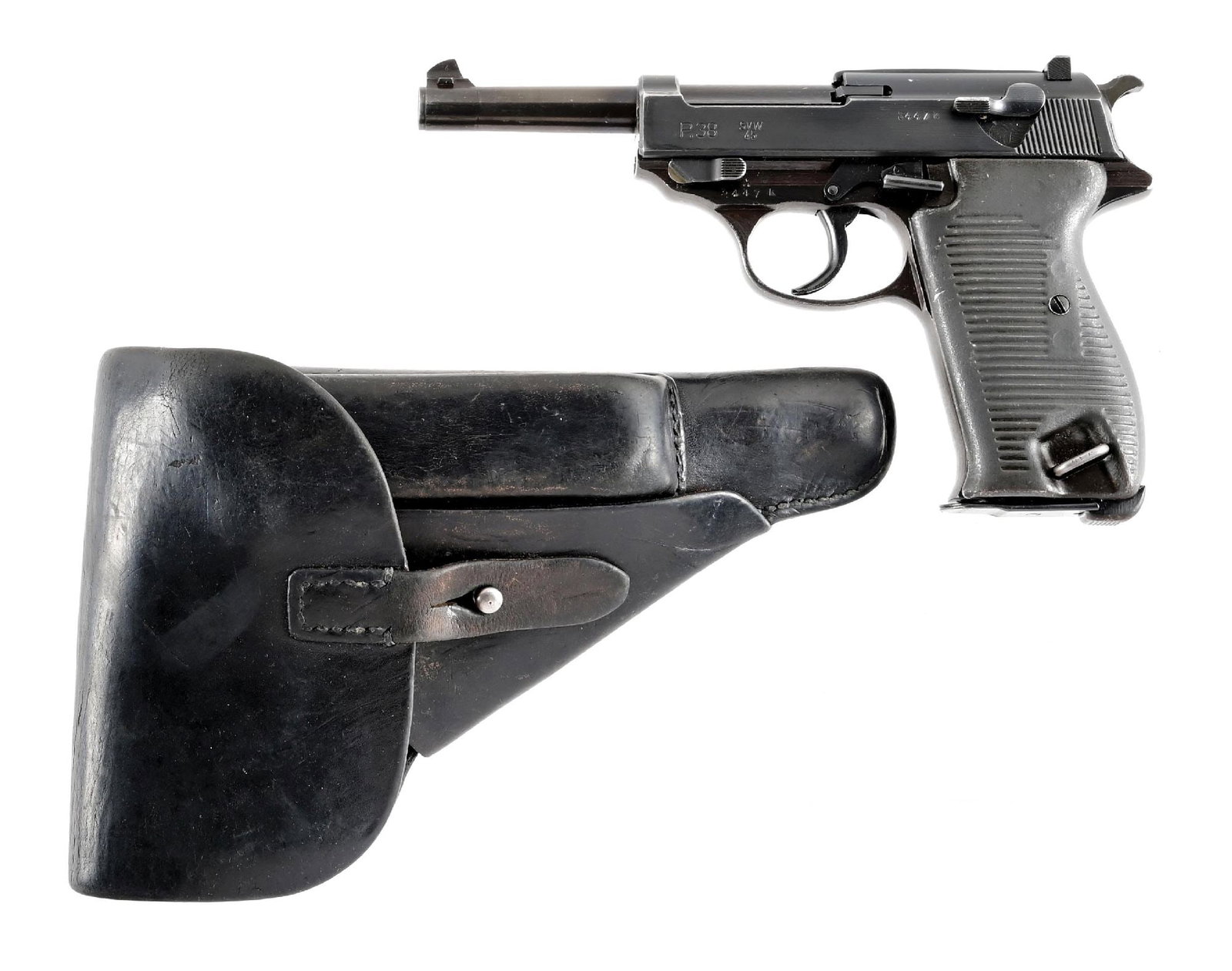 (C) FRENCH SVW 45 P.38 9MM SEMI-AUTOMATIC PISTOL WITH HOLSTER AND SPARE MAGAZINE.: Referred to as the Grey Ghost with approximately 38,780 assembled for the French forces from wartime parts. The French star is found on right side of slide. Finish is a parkerized or matte blue arsena