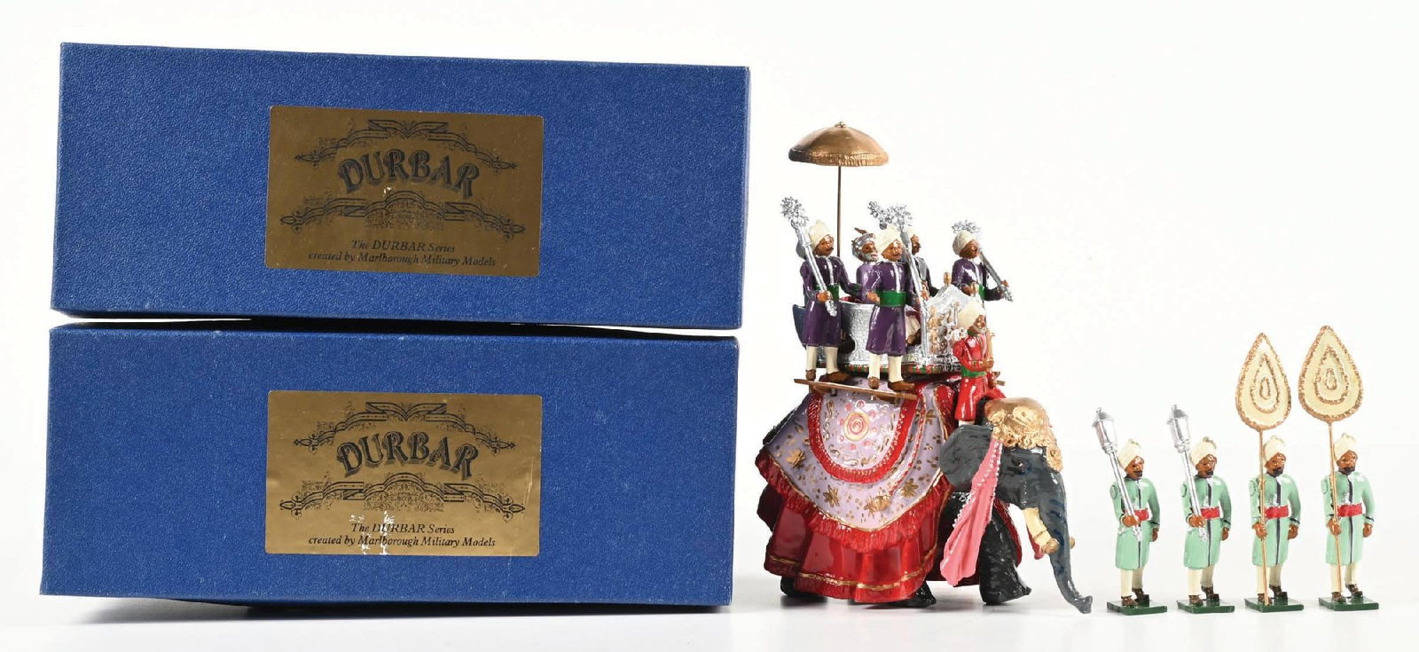 MARLBOROUGH DELHI DURBAR ELEPHANT: Maharaja of Orcha on State Elephant with Attendants No. D-62. 19 pieces. Condition: Dimensions: Each Box: 10" x 4" x 4 - 1/2".