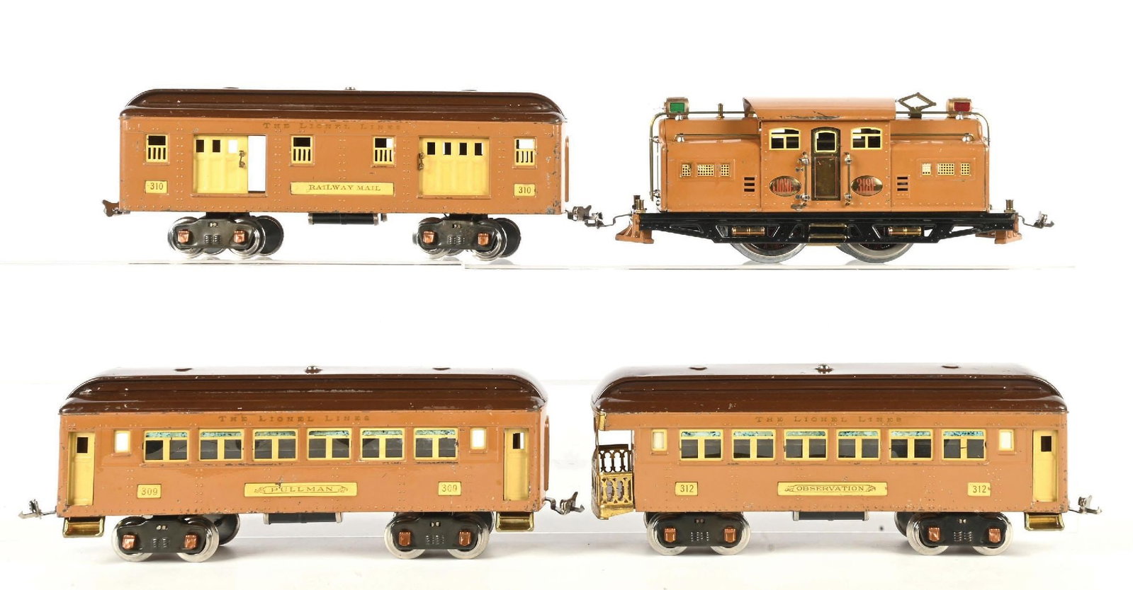 LIONEL PREWAR STANDARD GAUGE NO. 318E BABY STAGE THREE CAR PASSENGER SET: Set contains the brown No. 318E electric locomotive. Motor has been re-wheeled and motor turns freely. Comes with the No. 310 baggage car, the No. 309 pullman car, and the No. 312 observation car in t