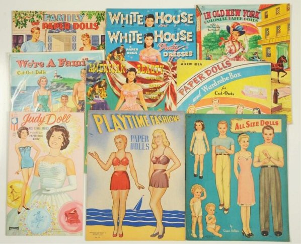 Lot of 10: Grown-Up Theme Paper Doll Sets.: Includes We're a Family, White House Party Dresses, Play Time Fashions and seven others. All are uncut. Condition (Very Good - Excellent).