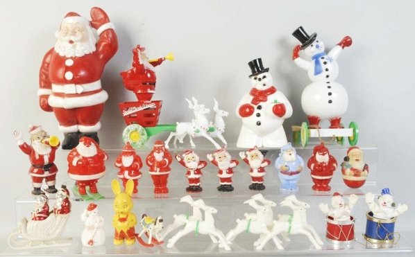Large lot of 1950s Plastic Christmas Items.: Mostly Santas. Few are broken. Condition (Very Good). Size Largest: 11" T.