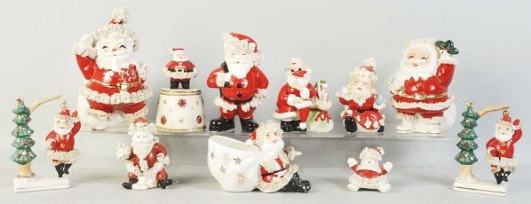 Lot of 11: Ceramic Santa Figures.: With minor paint loss. Condition (Excellent). Size Largest: 7 - 1/2" T.