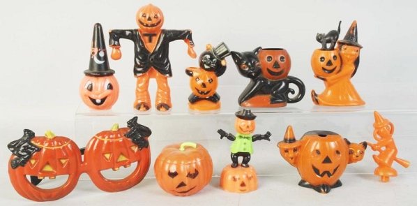 Lot of 10: 1950s Plastic Halloween Items.: Includes mostly pumpkins and witches. Condition (Excellent). Size Largest: 6" L.