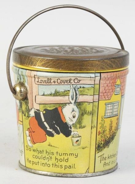 Early Tin Candy Container Pail with Rabbits.: Original lid marked "Lovell & Covel". Nice tin litho scenes of rabbit around tin. Some oxidation to bare metal parts and minor wear. Condition (Excellent). Size 3" T.