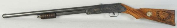 Vintage Buck Jones Daisy BB Gun.: Compass in stock. Pump action seems to be stuck. Includes box but not the original box. Condition (Very Good). Size 36 - 1/2" L.
