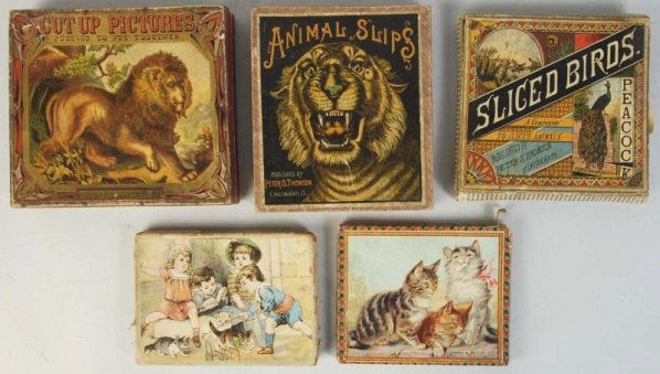 Lot of 5: American Made Puzzle Sets.: All appear to be mostly complete with their original boxes. All are animal themed. Wear and paper loss to boxes. Condition (Very Good). Size Largest Box: 10 - 3/4" x 9".