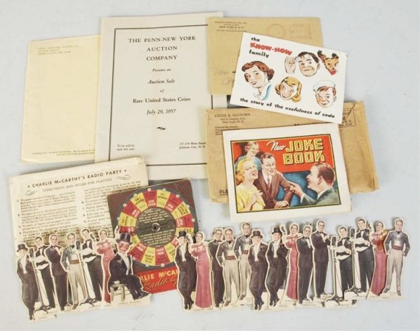 Lot of Charlie McCarthy Radio Party & Other Items: Complete Charlie McCarthy Radio Party game in envelope along with joke books and other items. Condition (Very Good). Size Largest: 9 - 1/2" x 7".