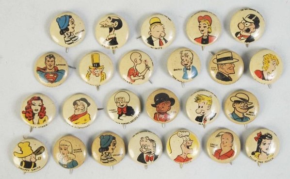 Lot of 24: Vintage Kellogg's Character Pep Pins.: Characters include Superman, Dick Tracy, Kayo, and others. Various conditions. Condition (Very Good). Size Each: 3/4" Dia.