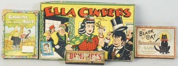 Lot of 4: Vintage Game & Domino Sets.: All in original boxes including Ella Cinders, Gasoline Alley, Black Cat Fortune Teller game, and an American made dominoes set. All appear to be mostly complete with some wear toboxes. Condition (Very
