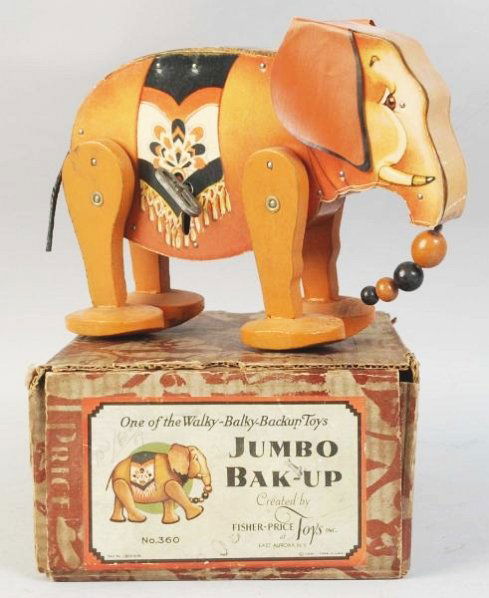 Fisher-Price Paper on Wood Wind-Up Elephant Toy.: American. Working. Marked "No. 360". Elephant with original tail, ears, and trunk. Slight paper creasing and edge wear. Also, one crack on the back end of the elephant. Includes scarceearly box with n