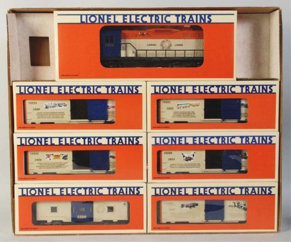Lionel Anniversary Train Set.: Contemporary. Made for the 90th Anniversary of Lionel. Includes no. 1900 diesel locomotive, five boxcars, and one caboose. Includes original set box with some wear to lid. Condition(Excellent - Near M