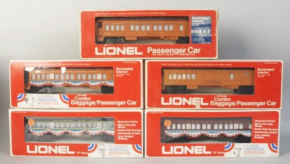 Lot of 5: Lionel Presidential & Milwaukee Cars.: Contemporary. Includes a Harry Truman car, an FDR car, a Dwight Eisenhower car, a City of Tacoma, and a Milwaukee Road mail car. Includes original boxes with some wear. Condition (Excellent).