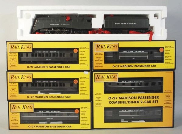 MTH Rail King New York Central Passenger Set.: Contemporary. Three-rail. Includes Commodore Vanderbilt steam engine, two-car combo diner set, one Park Trail coach car, one Maumee observation car, one baggage car, and one WappingersFalls coach car.