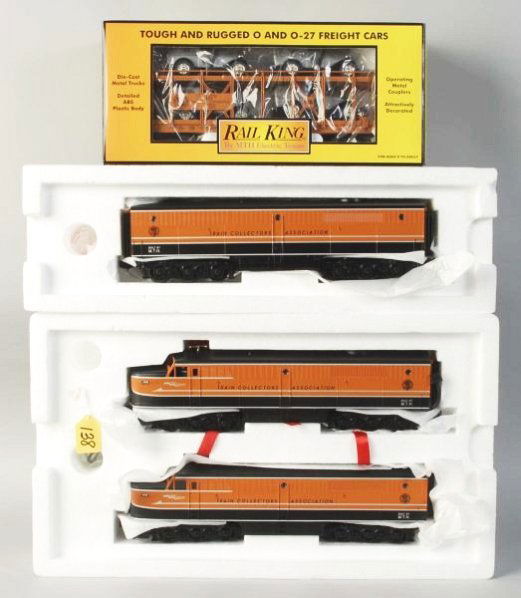 Lot of 3: MTH Rail King TCA Convention Items.: Contemporary. Three-rail. Includes a 1999 ALCO diesel AA engine set, matching ALCO B unit, and a TCA auto carrier car with Ertl vans. Includes all original boxes. Condition (Near Mint).