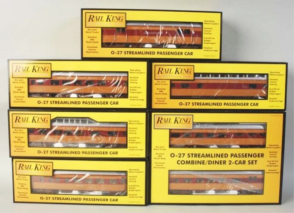 Lot of 7: MTH Rail King Milwaukee Road Train Cars: Contemporary. Three-rail. Includes a two-car combine/diner set, two Vista Dome cars, one baggage car, one coach car, and one observation car. Includes all original boxes. Condition(Near Mint).