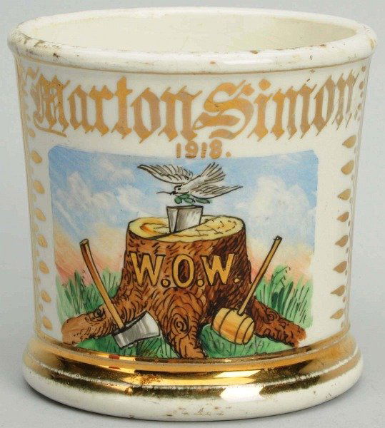 Woodsman of The World Fraternal Shaving Mug.: Has "Marton Simon 1918" in gold guilt. This mug is an American blank and was produced by Royal China International. With a complete yellow wrap and minor loss of gold. No other damages. Condition (Ver