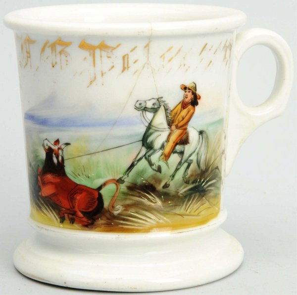 Cowboy Shaving Mug.: Has "J.G. Peterson" in gold gilt. Mug is stamped, "Germany". With a major double hairline through scene and handle. Condition (Good). Size 4" T.