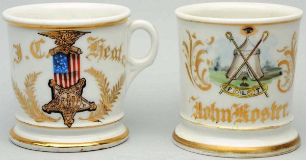 Lot of 2: Fraternal Shaving Mugs.: Includes one Grand Army of the Republic mug for civil war veterans, that has "J.C. Heater" in gold gilt, and is stamped "C.A. Smith Barber Supply". The second mug is Odd Fellows, depicting the all-see