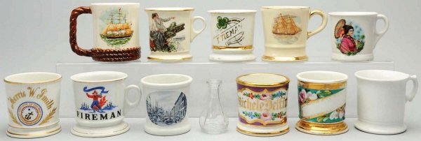 Lot of 12: Assorted Shaving Mugs.: Includes one small glass bottle. No major damage. Condition (Very Good). Size Largest: 4 - 1/4" T.