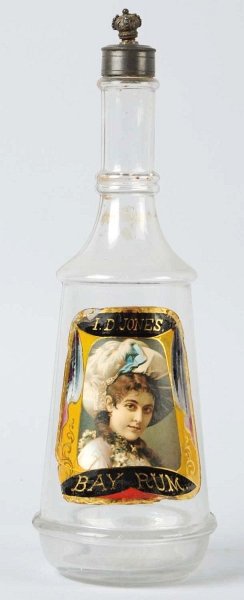 Bay Rum Label Under Glass Barber Bottle.: Label reads, "I.D. Jones". Minor chipping in glass label. Include original pewter top. Clear glass. Condition (Very Good). Size 10 - 1/4" T.