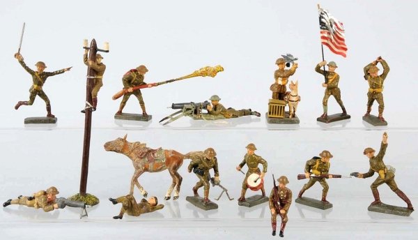 Lot of 15: Lineol & Elastolin 7.5 cm Soldiers.: Includes Lineol U.S. with Elastolin pigeon handlers. The dead horse and three of the soldiers are rough. Condition (Very Good).