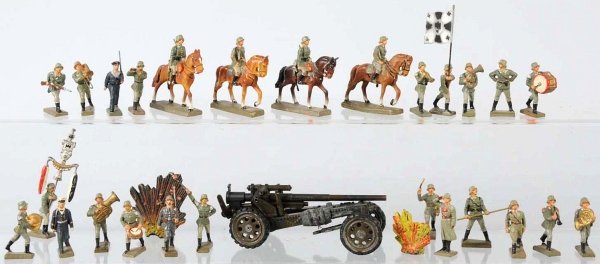 Lot of 22: Lineol 4 cm German Soldiers.: Includes four mounted, two explosions and a field cannon. Cannon has a few broken pieces on it. Condition (Excellent).