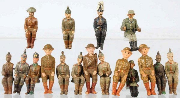 Lot of 17: Assorted Lineol & Elastolin Figures.: Figures are seated. Assorted makers and sizes. Most are a little rough. Condition (Poor - Good).